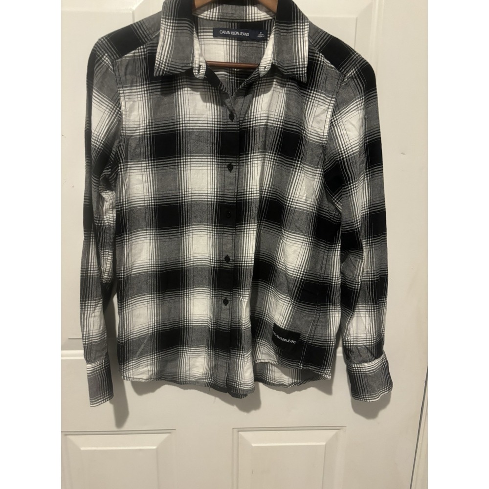 Calvin Klein Jeans Shirt Men's Plaid Long Sleeve Button Up Black & White Medium